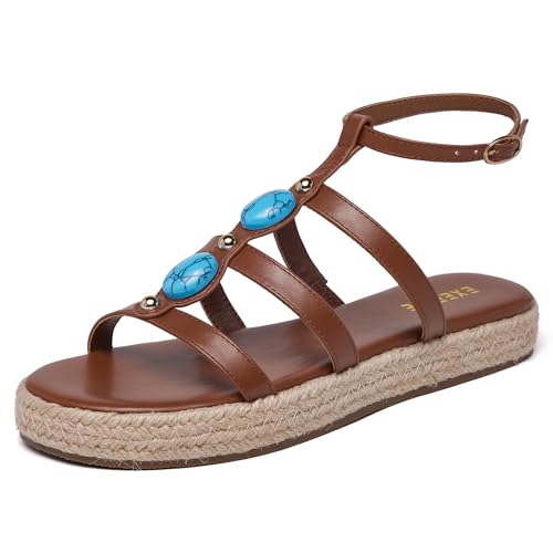 Image of Women's Bohemian Espadrille Platform Sandals,Open Toe Wedge Sandals with Turquoise Decor, Adjustable Ankle Buckle, Summer Beach Shoes