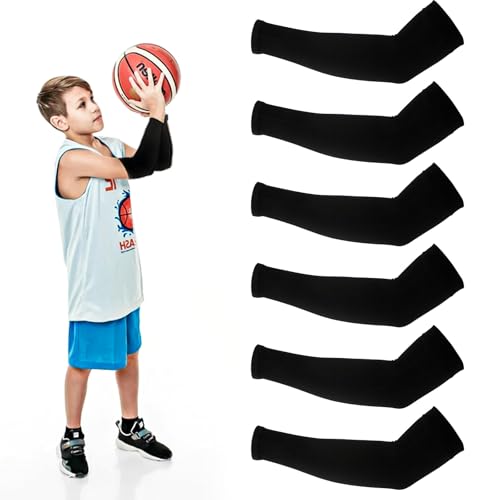 Abeillo 3Pairs Kids Arm Sleeves Thinly UV Sun Protection Cooling Arm Compression Sleeves, Outdoor Sport Breathable Elastic Ice Sleeve for Youth Boys Girls (7-12 Years) Black