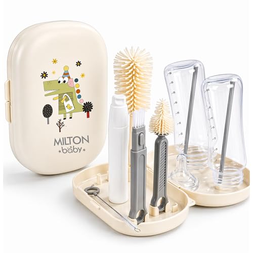 Image of Milton Baby 5-in-1 Travel Bottle Cleaner Kit I Bottle, Nipple & Straw Cleaner I BPA Free - Food Grade Silicone Brush,Compact Soap Dispenser,Drying Rack,Home And Travel Essential,Crocodile Print, Cream