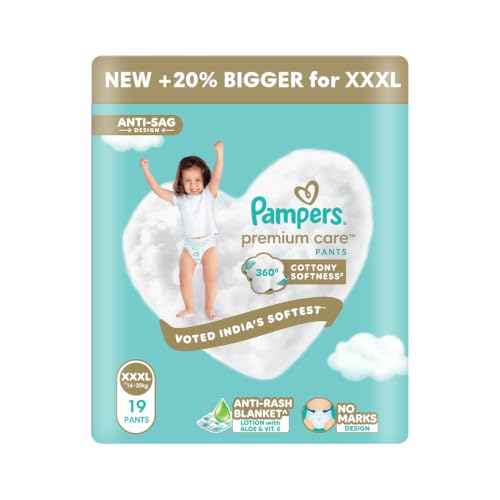 Image of Pampers Premium Care Pant Style Baby Diapers XXXL 19 Count | No Marks Design | Voted India's #1 Softest Diaper | All in 1 diaper with 360 Cottony Softness