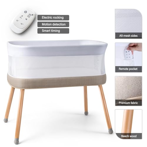 Image of VaVaSoo Automatic Rocking Bassinet for Newborn, 3-Speed Electric Baby Bassinet with White Noise & Lullabies, Portable Baby Bedside Sleeper with Battery Power, Brownish-Yellow