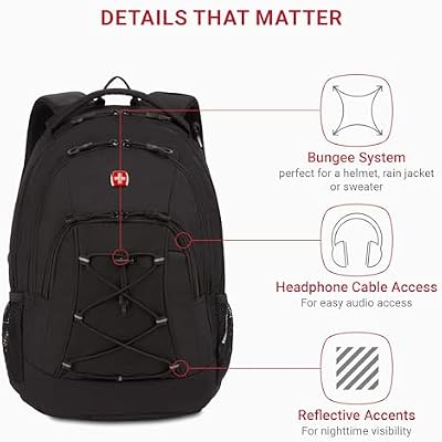 حقيبة ظهر للكمبيوتر المحمول SwissGear 1186 إصدار خاص مكونة من 13 قطعة، حقيبة تقنية سوداء مدمجة مع لمسات عاكسة، جيوب منظمة متعددة مع حبال بنجي ونقطة ربط على شكل حرف D