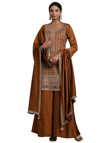 Image of Libas Womens Embroidered Silk Blend Straight Kurta With Palazzos and Dupatta | ethnic wear | bridal suit | wedding dress | occasion wear