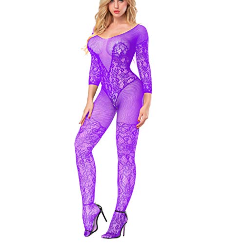 MEIbax Mujer Medias de Red Sexy Ropa Interior de Encaje Babydoll Mono Ropa de Dormir Encaje Atractivo Malla Mujer Lencería Hueca Rejilla Babydoll Talla única Pijama de Tallas Grandes (Free, Púrpura)
