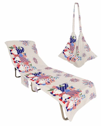 Independence Day Beach Chair Towel Covers for Chaise Lounge with Side Pocket, Soft Plush Pool Towels Cover for Patio Sunbathing Outdoor 29''x85'' Gnomes Retro Flower 4th of July