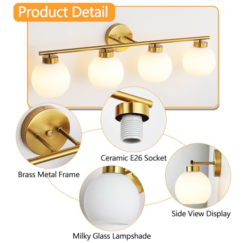 Image of 4 Light Bathroom Vanity Light, Gold Bathroom Light Fixtures Over Mirror, Mid Century Modern Wall Light with Frosted Globe Glass Shades, 32 inch Brass Vanity Lights, E26 Socket