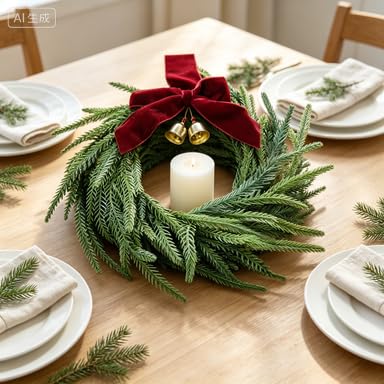 12 Inch Small Red Bow & Leaves Christmas Wreath for Front Door Decoration (Green) - image 6