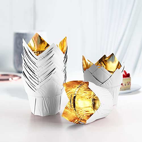 Party Hippo Gold Tulip Cupcake Liners Baking Paper Cups Holders Greaseproof Muffin Cases Wrappers For Wedding Birthday Party Baby Shower (White) #TOP1
