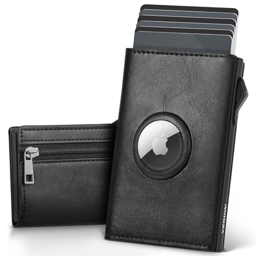 YESIIW Portmonee Herren Airtag, Men's Wallet Airtag für 11 Karten, 1 Ausweis & 12 Papiergeld, Geldbörse Herren Air Tag mit RFID Schutz, Magnetverschluss, Smart Wallet (Glänzendes Schwarz)