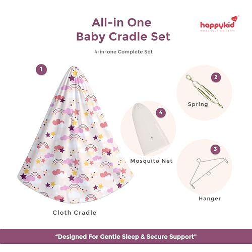 Image of Happykid Baby Cradle Set | Durable Cotton Cloth, Mosquito Net, Spring, Triangle and Window Hanger (White & Purple, Cradle (Without Window Hanger))