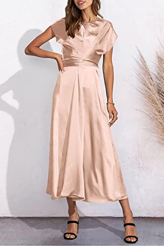 Prettygarden Women's 2023 Summer Satin Midi Dress Cap Sleeve Tie Waist Elegant A-Line Flowy Dresses (Champagne,Small) #TOP4