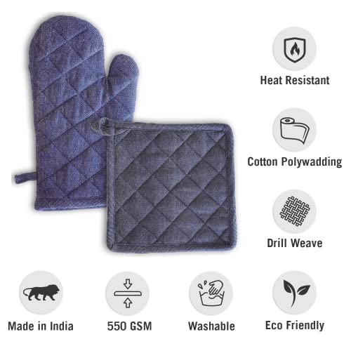 Image of 2 Oven Mitts and 2 Pot Holders Set-Cotton Heat Resistant Pot Stand and Kitchen Gloves-Heat Proof-Free Size-Combo Set (Blue)