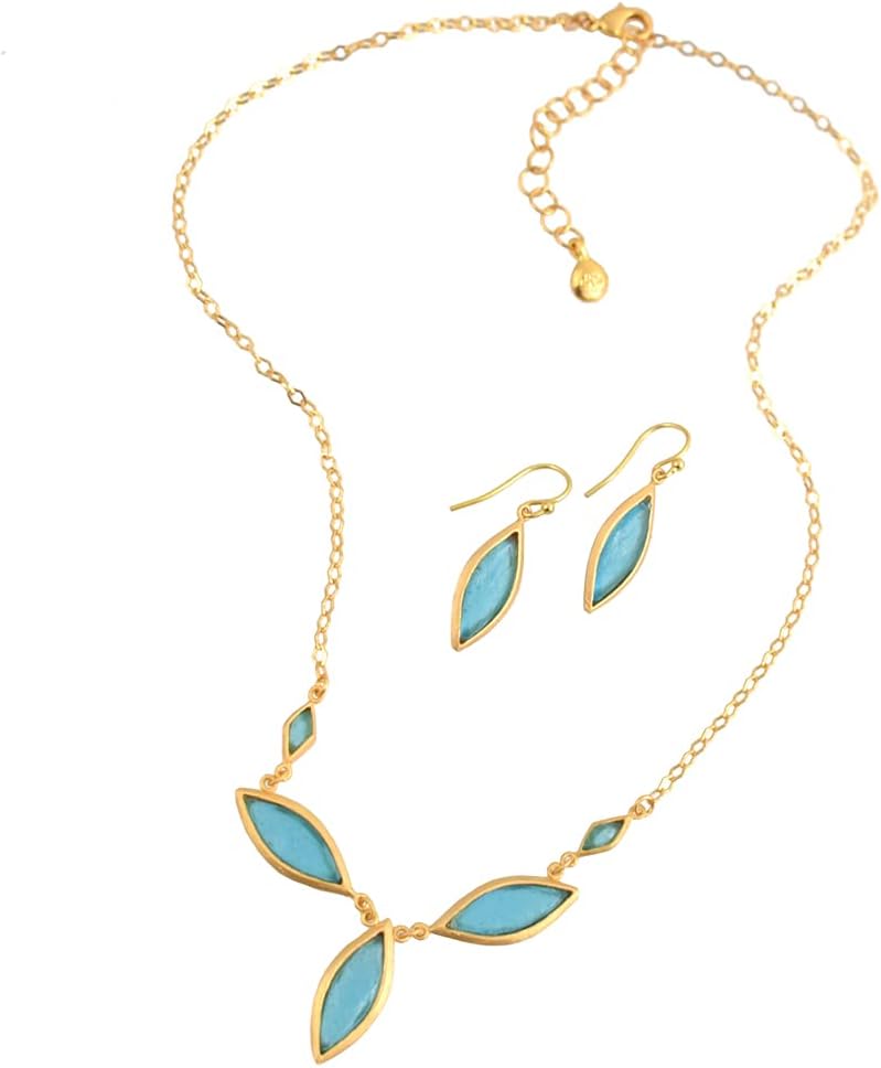 Cast Artisan Glass & Gold-Plated Blue Marquis Necklace + Earrings Set, American Made