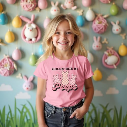 CM C&M WODRO Kid Girl Easter Bunny T-Shirt Chillin' with My Peeps Shirt Short Sleeve Funny Happy Easter Graphic Tees Tops3