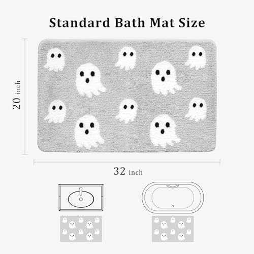 Gray Halloween Bath Mat – Cute Ghost Decor Mat Non-Slip Light Gray Bathroom Rug Soft Spooky Bath Rug for Shower, Bedroom, Living Room