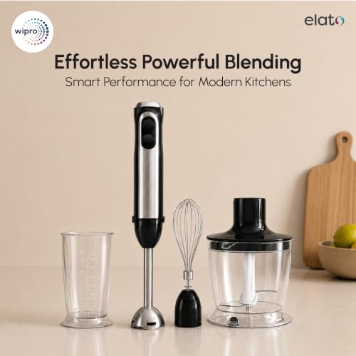 Image of Wipro Elato FMB 204 Hand Blender with Chopper and Whisk|Powerful 200 Watt Copper Motor With Rust Free Steel Arm|3 in1 Multi-functional Mode|Four In One Blade-Churn, Whip,& Blend|Black|2- Year Warranty