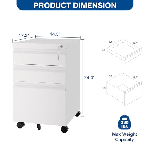 Fesbos 3 Drawer Mobile Metal File Cabinet, White Filling Cabinets with Lock, Pre-Built Office Storage File Cabinet with Wheels Under Desk - Assembled Required