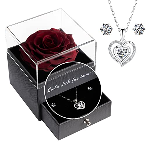 Yamonic Echte Rose mit Halskette, Freundin,Ewige Rose Geschenke für Frauen,Jahrestag Geschenk für sie,Liebe Dich für Immer,, WeinRot Cover