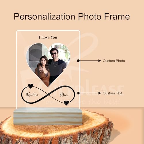 Image of Giftplease Customized Photo And Text Frame With Wooden Stand | Personalised Printed Photo Frame | Gift | Birthday | Anniversary (Transparent, 5MM, 6 * 8 Inches), Tabletop