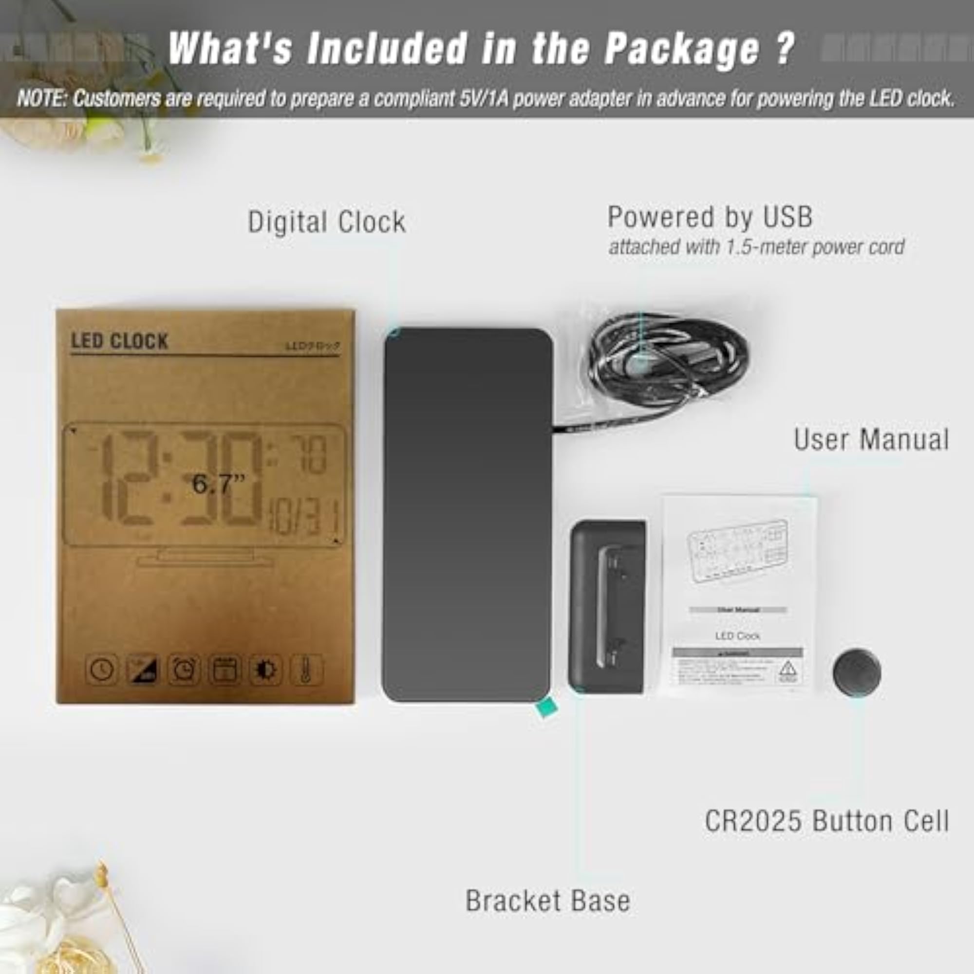 Digital Bedroom Clock, 6.7 Inch Small Alarm Clock with Dimming