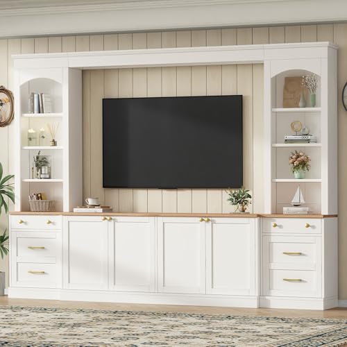 Image of 106.3 inchL Large Entertainment Center with Bookshelves and Drawers for TVs Up to 70'', Wall Unit Entertainment Center with Adjustable Shelves and Cabinet, Minimalist TV Stands for Living Room White