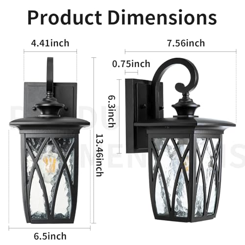 Image of Outdoor Porch Light Wall Mount,14'' Exterior Waterproof Wall Lighting Fixtures,Wall Sconce Light with E26 Socket & Water Ripple Glass Shades, Matte Black Outside Wall Lantern for Patio Front Door