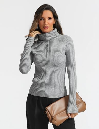 Prettywear 2024 Women'S Half Zip Cropped Sweaters V Neck Collared Long Sleeve Ribbed Knit Pullover Fall Tops Grey S thumb #3