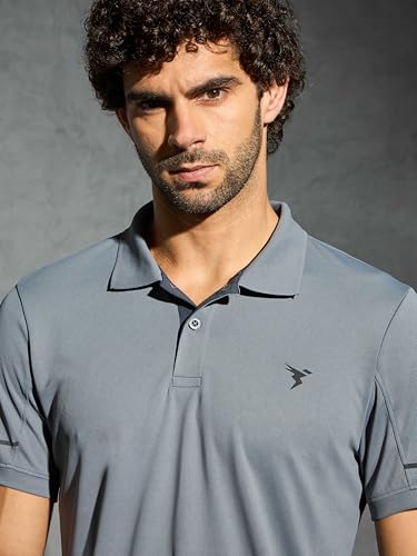 Image of TECHNOSPORT Men's Solid Slim Fit Polo Collar T-Shirt TECHNOCOOL+ Half Sleeve Button Polyester for Gym Running Workout UPF50+ Anti Odour