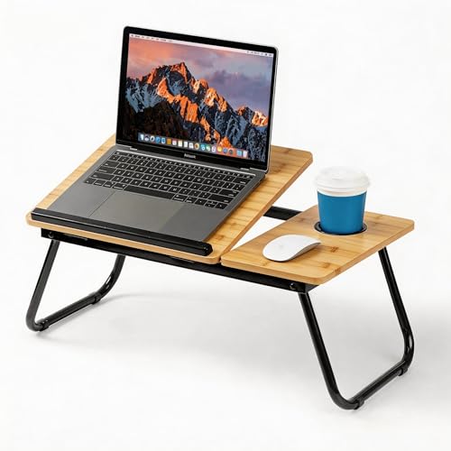 Mesa para Cama y Sofá - Plegable Bandeja para Cama con Tapa Ajustable y Portavasos, Mesa Cama Ordenador en Tablero MDF y Metal, 56x32x25 cm, Estampa de Bambú