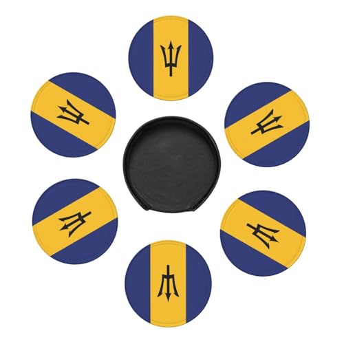 Lot de 6 Dessous de Verre Ronds en Cuir avec Drapeau de la Barbade, résistants aux Taches de Chaleur et avec Support de Rangement, idéaux pour la Salle à Manger, la Cuisine et Le Bureau
