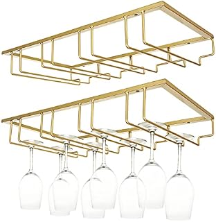 JMIATRY 2 Pack Wine Glass Rack, 16.5" x 9.4" x 3.1" Under Cabinet Stemware Rack, 4 Slots 12 Cups Hanging Wine Glass Holder Great for Kitchen and Bar, Gold