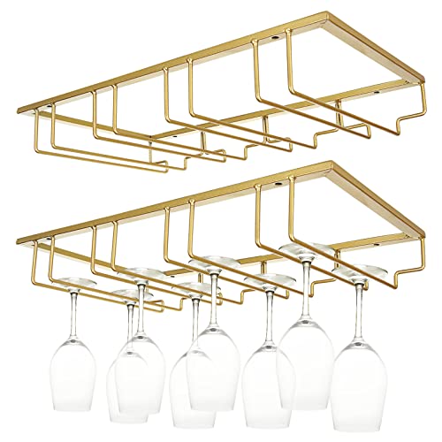 JMIATRY 2 Pack Wine Glass Rack, 16.5 x 9.4 x 3.1 Under Cabinet Stemware Wine Rack, 4 Slots 12 Cups Hanging Wines Glass Holder Great for Kitchen and Bar, Gold