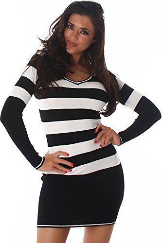 Jela London Damen Feinstrick Long Pullover Mini Kleid gestreift V-Ausschnitt Langarm Bodycon, Lang (Schwarz Weiß) 34-36