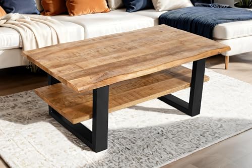 SAM Couchtisch 115x65 cm Patrick, Sofatisch/Beistelltisch mit Ablage, Mangoholz massiv, raue & naturbelassene Oberfläche, U-Metallgestell schwarz, echte Baumkante