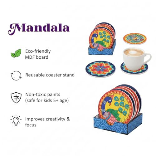 Image of HOBBY INDIA Mandala Art Kit for Adults and Kids | DIY Tea Coaster Set of 6 with Painting Kit | Unique Art and Craft Kit Gift | Perfect Tea Coaster for Office Desk, Dining Table Kitchen Decoration