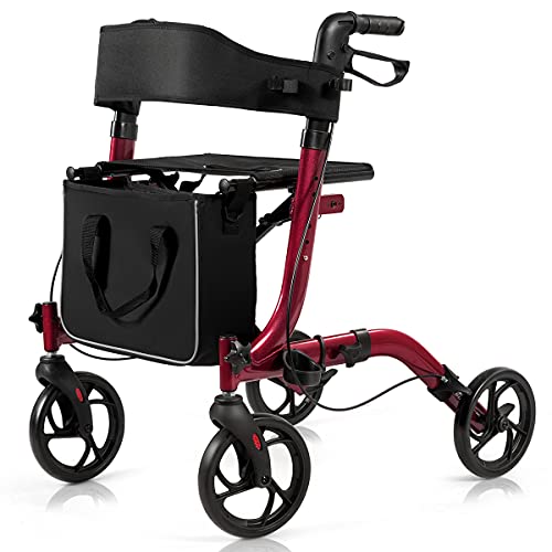 COSTWAY 4 Wheels Rollator Walker with Seat, Folding Mobility Walker with Brake System, Adjustable Handle, Cane Holder & Storage Bag, Lightweight Walking Aid for Elderly (Red, 54 x 74 x 82-95cm)