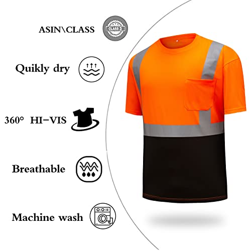Dpsafety High Visibility Shirts Quick Dry Safety T Shirts With Reflective Strips And Pocket Short Sleeve Mesh Hi Vis Construction Work Class 2 Shirt For Men/Women Black Bottom Orange,Large #TOP2