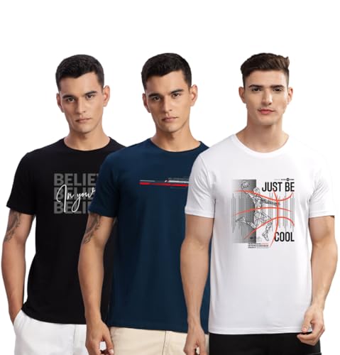 Image of ADRO 100% Cotton Lycra Tshirts for Men Combo Pack of 3 | Regular Fit | Printed T Shirt | Round Neck Half Sleeve| Mens Tshirts