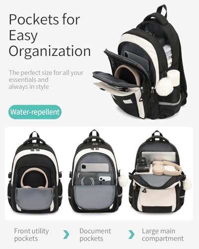 Image of School Backpack for Teen Girls, Large Capacity Laptop Bag for High School Middle School Elementary, Aesthetic Bookbag College Women, Beige Black