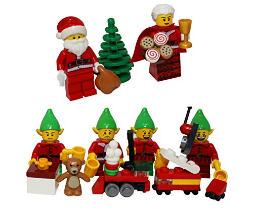 LEGO Christmas Santa Claus, Mrs Claus, 4 Elves, Tree, Elf Gift Presents - Custom Xmas Minifigure