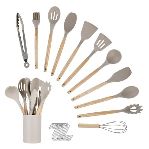 Juego de Utensilios de Cocina - Set de 12 Piezas de Silicona con Caja de Cubiertos y Mango de Madera - Resistente al Calor, Antiadherente y Apto para Lavavajillas - Utensilios de Cocina (Caqui)