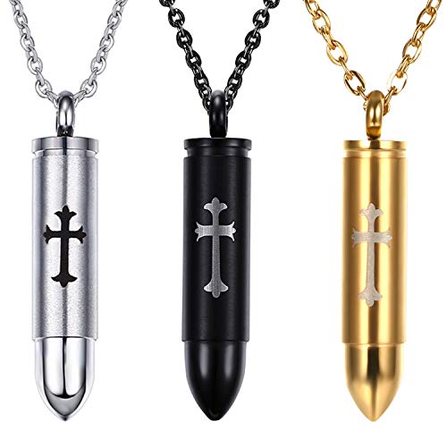 OIDEA 3PCS Kreuz Patronenhülse Halskette, Anhänger mit Versteck Geheimfach, Silber Schwarz und Gold