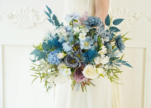 Ramo rústico boho blanco y azul para boda miniatura 2