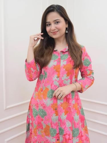 Image of Leriya Fashion Women's Cotton Printed A-Line Kurti Pant Set | Abstract Leaf & Floral Kurta with Trouser Pant | Casual Ethnic Co-ord Set for Women Stylish | Elegant Anarkali Style Tunic Kurta Set