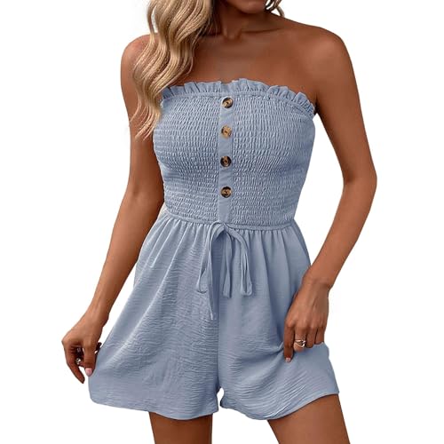 ATALRPOU Blue Summer Sexy Romper for Women Casual Stretchy Smocked Tube Top Overalls Strapless Palazzo Shorts Jumpsuit Airport Outfits for Women 2026 Overoles para Mujer