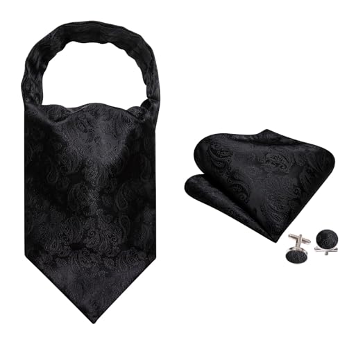 Image of Barry.Wang Ascot Ties Cravat Tie Men Paisley Plaid Scarf Self Tie Pocket Square Cufflinks Set Wedding Party
