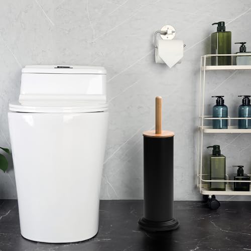 Image of Toilet Bowl Brush and Holder, Toilet Brush with Bamboo Handle and Covered Holder, Dual Brush Options, Weighted Metal Base (Black)