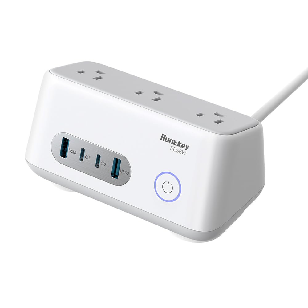 Huntkey 68W USB C Charging Station, 7-in-1 USB C Power Strip for iPhone14/15, 5ft Extension Cord with 3AC,2USB A,2USB C,Max 68W Power Delivery Accessory with Silicone Desktop Fixator (White)