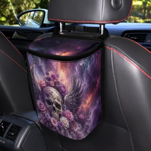 Image of Talayituse Wing Skull Floral Galaxy Print Car Trash Can Portable Auto Garbage Bin Multifunctional Vehicle Interior Accessories with Adjustable Straps Universal Fit Truck SUV Sedan