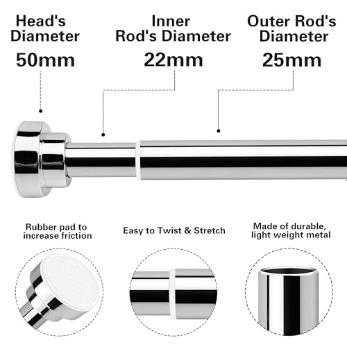 Stainless Steel Extendable Shower Curtain Rod Tension Pole (72cm-130cm),including 2 Holders,Net Voile Curtains Rail,Adjustable Telescopic Rods Extendable for Kitchen Cupboard Bathroom Window